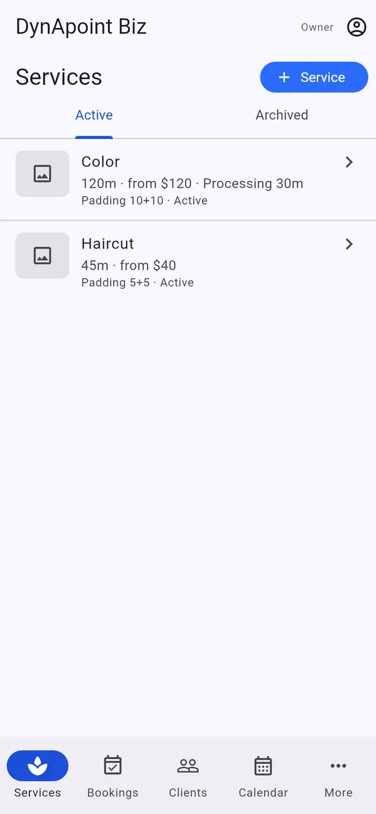 Services list with prices and lengths